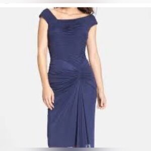 Tadashi Shoji Navy Blue Ruched Midi Dress Cocktail Formal Mesh Stretch Medium